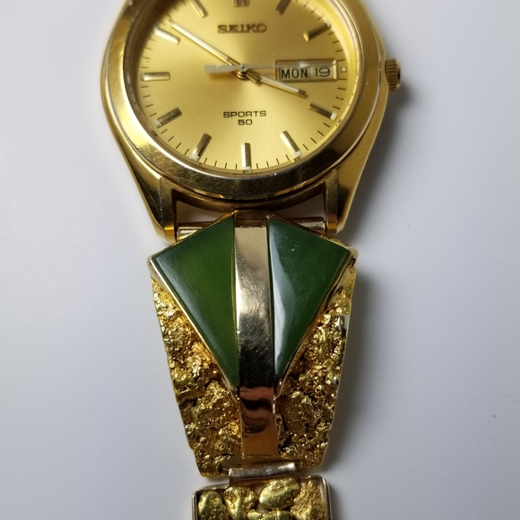 Gold nuggets and green jade men's watch Fresh Battery, Box - Picture 14 of 16